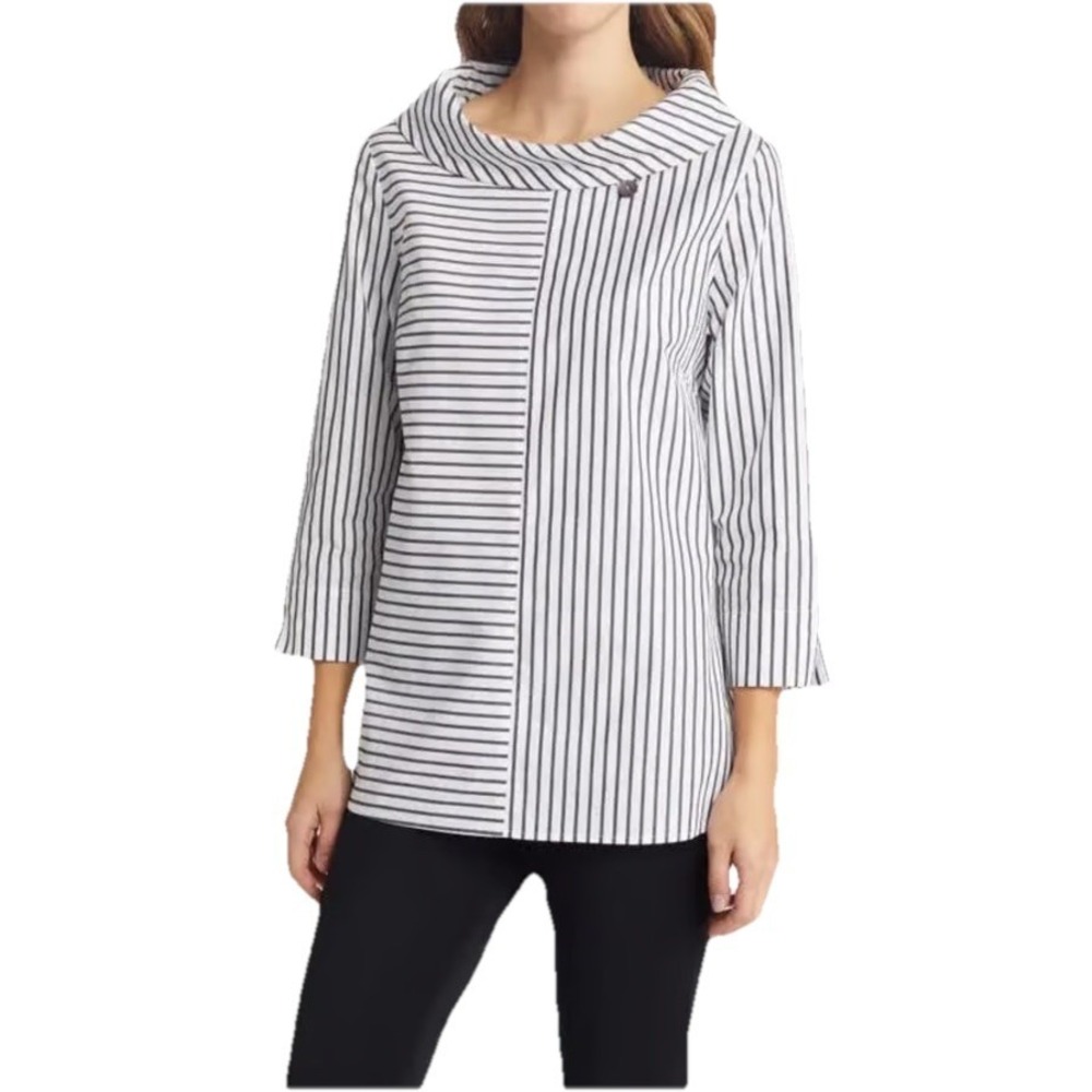 Ming Wang Multistripe Cowl Neck Blouse Cotton‎ Size Medium Lagenlook Boho Tunic